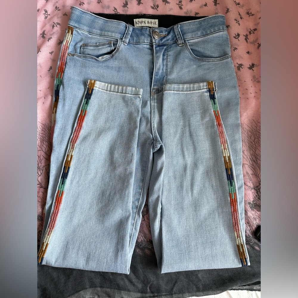 Knox Rose 🌈 Light Wash Jeans Size 6 Boho Stripe Side Stretch Denim